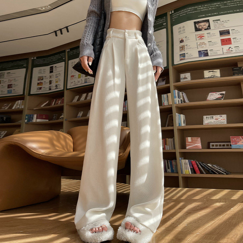 白色宽裤女2025新款休闲 西装裤女秋冬加绒慵懒风针织灯芯绒裤子