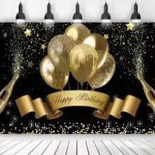 Happy Birthday Backdrop Banner Large Black Gold Balloon ar