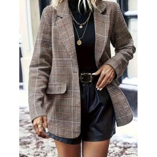Blazers 休闲格纹翻领西装 TEMU外贸秋季 款 Women 外套长袖 新款