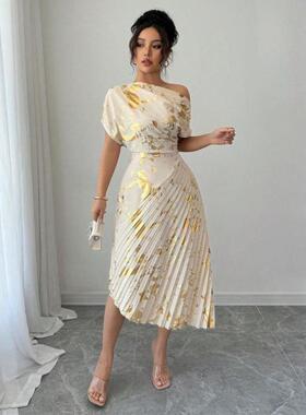 B 87108 跨境热销秋季新款代发女士全身印花不对称领口正式派对装