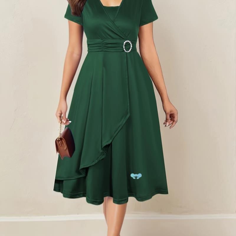 Elegant Green Midi Dress Green V Neck Midi Dress女士连衣裙
