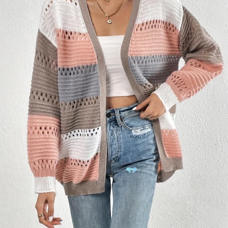 Cut Out Color Block Kn Cardigan Casual Long Sleeve针织开衫