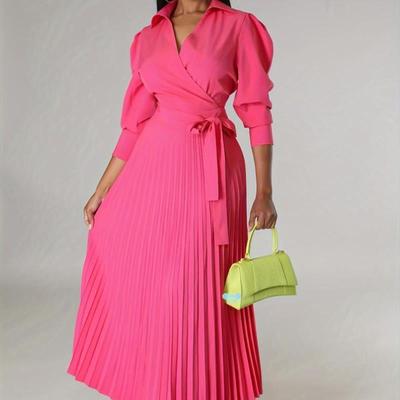 Solid Pleated Dress, Elegant Knotted V Neck 3/4 Sleeve