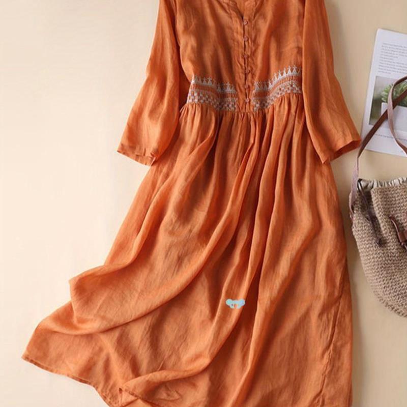 Embroidery Dress Artistic yle Round Neck Nine Point跨境