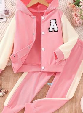 Girls' 2pcs Casual Tracksu Cozy Long Sleeve Color Block A