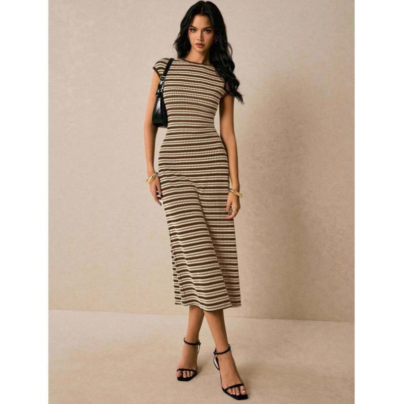 D 32460 速卖通新款外贸跨境条纹圆领斗篷袖休闲连衣裙