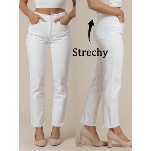 F 68205 Stretch Denim Straight Leg Pants 白色毛边牛仔裤