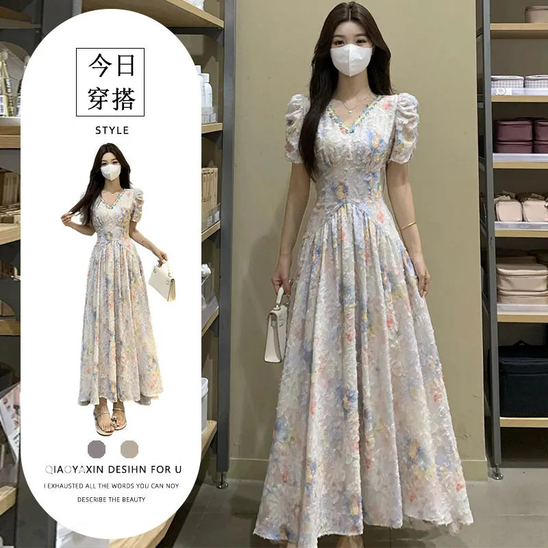 小清新法式气质茶歇碎花连衣裙女夏新款绝美仙气飘飘收腰显瘦长裙