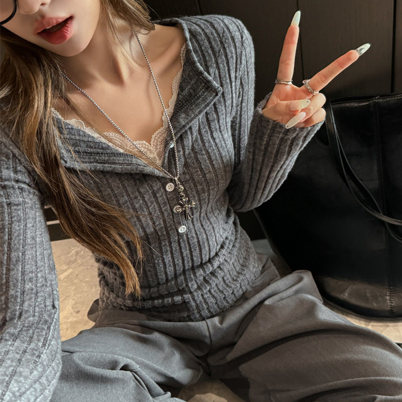 坑条V领蕾丝拼接设计感长袖正肩t恤女气质修身高级感内搭打底上衣,女装/女士精品,T恤,淘宝优惠券,粉丝福利购,淘宝优惠卷