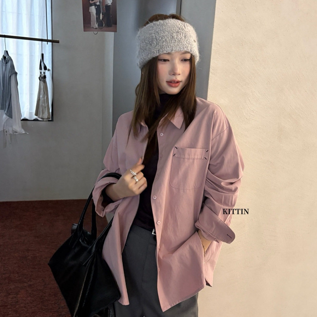 KITTIN秋冬韩系通勤风口袋刺绣宽松显瘦磨毛翻领长袖衬衫女80105