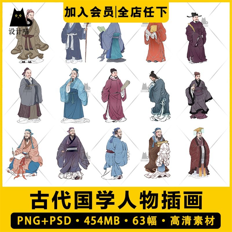 中国古代国学人物文人诗人名医孔子画像手绘插画png免抠图片素材