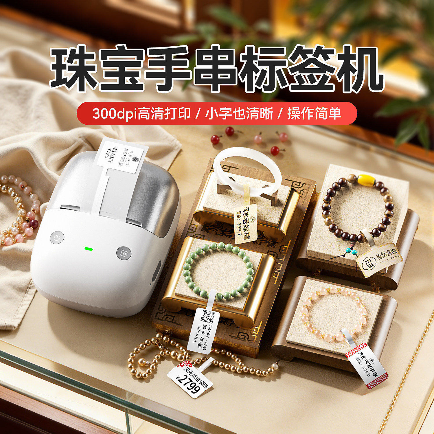 精臣B2 Pro珠宝手串标签打印机300dpi高清蓝牙热敏小型饰品首饰项链手镯眼镜防拆吊牌价签条码二维码标签机