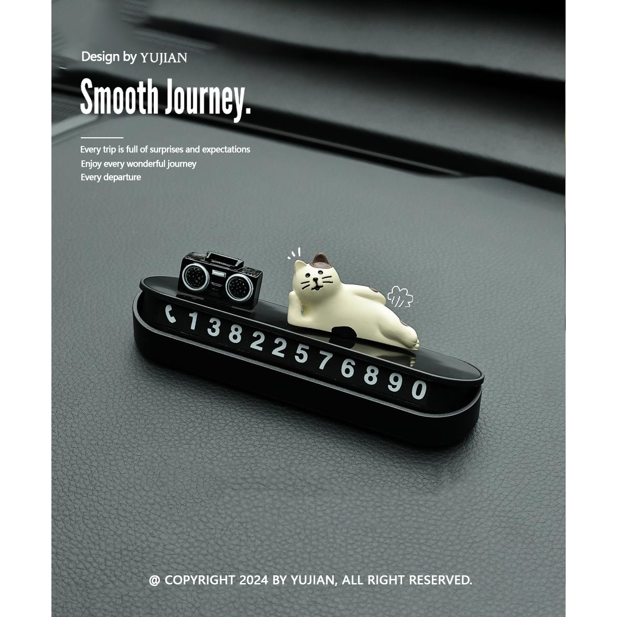YUJIAN丨黑白数字猫猫挪车电话牌可爱个性临时停车号码牌车载内饰