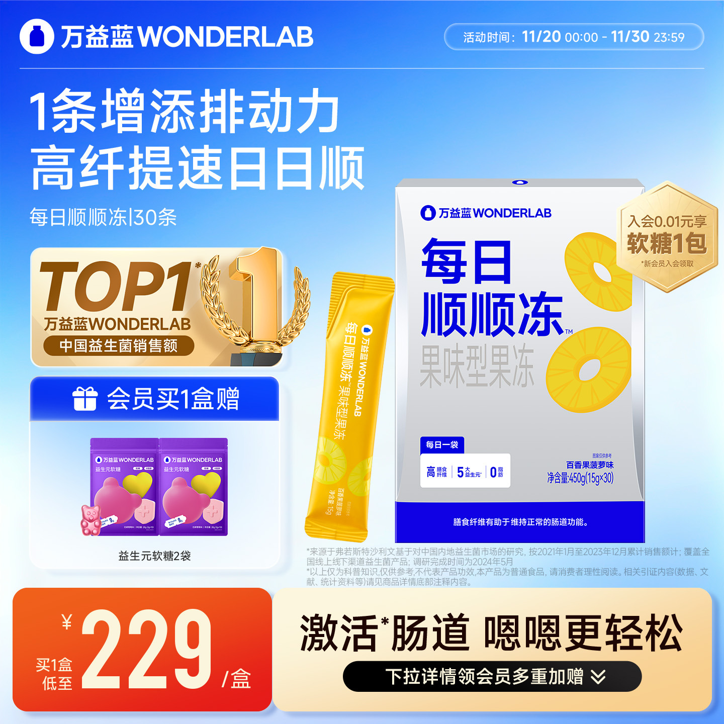 万益蓝WonderLab每日顺顺果味果冻益生元膳食纤维果蔬0脂官方正品