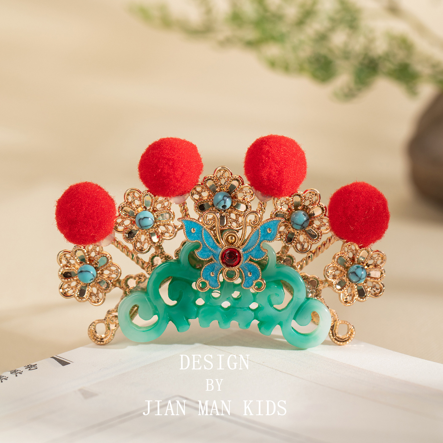 儿童古风汉服戏曲风头饰红色毛球烧蓝发钗顶簪古装cos小财神配饰