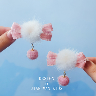 毛球发夹儿童蝴蝶结流苏秋冬毛绒汉服头饰女童可爱古风宝宝发饰品