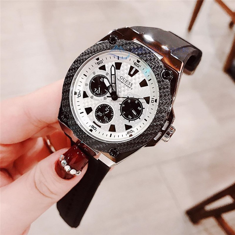 正品Guess时尚橡胶黑色表带三眼计时大表盘石英盖斯男手表W1049G3