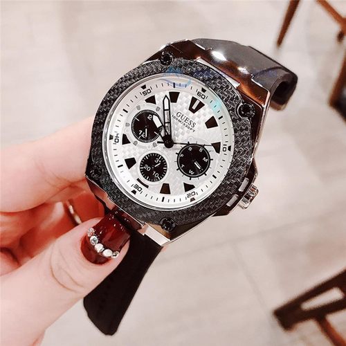 正品Guess时尚橡胶黑色表带三眼计时大表盘石英盖斯男手表W1049G3