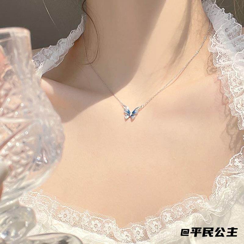 气质高颜值渐变蓝色浪漫甜美辣妹时尚锁骨链百搭蝴蝶项链饰品吊坠