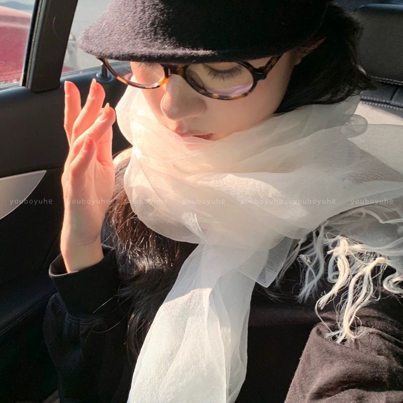 超仙法式白色薄款长条流苏围巾女2026新款氛围感披肩出游丝巾配饰