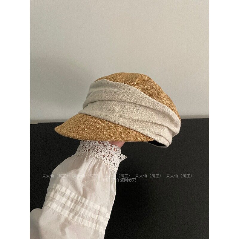 出口日本～亚麻春夏季鸭舌帽子女透气老钱风时尚遮阳报童帽显脸小