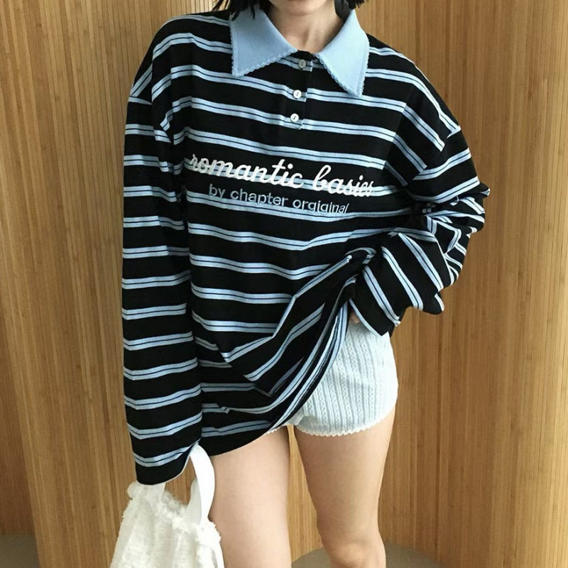 韩国东大门女装高货翻领刺绣字母条纹套头卫衣