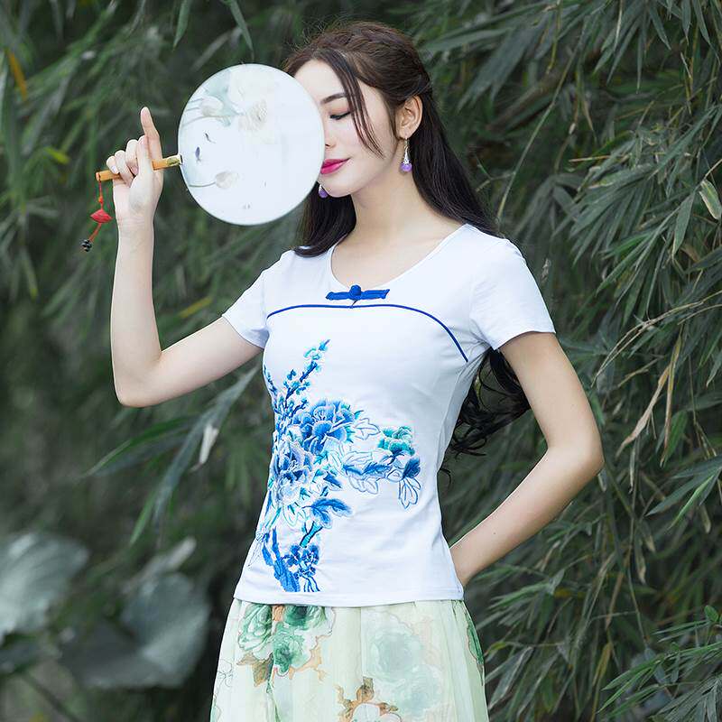 复古中国风 2019夏装新款上衣民族风女装大码纯棉绣花短袖收腰T恤|ruв категории Женская одежда, футболка - от Buy2taobao.com для оказания профессиональной услуги покупки агента Taobao