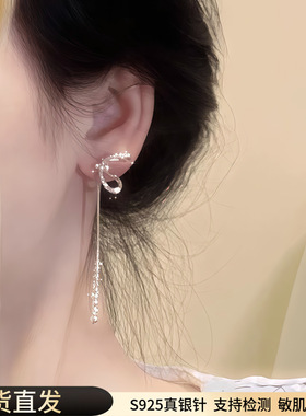 S925纯银针超闪蝴蝶结流苏耳环女轻奢高级感耳坠气质百搭耳饰品