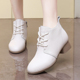 圆头白色及踝短靴 低跟妈妈鞋 粗跟系带羊皮深口皮鞋 春秋软底工作鞋