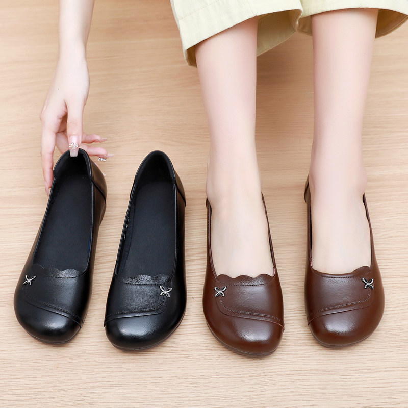 真皮圆头平底单鞋牛筋底中老年防滑豆豆鞋浅口软底一脚蹬妈妈鞋43,女鞋,浅口单鞋,淘宝优惠券,粉丝福利购,淘宝优惠卷