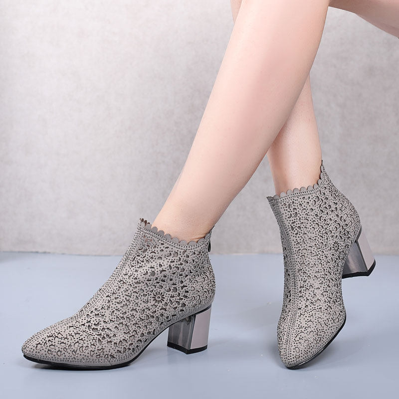 凉鞋女夏季新款气质水钻镂空网纱女鞋子百搭高跟软底网面透气凉靴