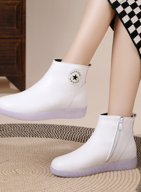 白色护士鞋女牛筋软底真皮短靴冬季加厚加绒平底棉鞋医护高帮鞋42