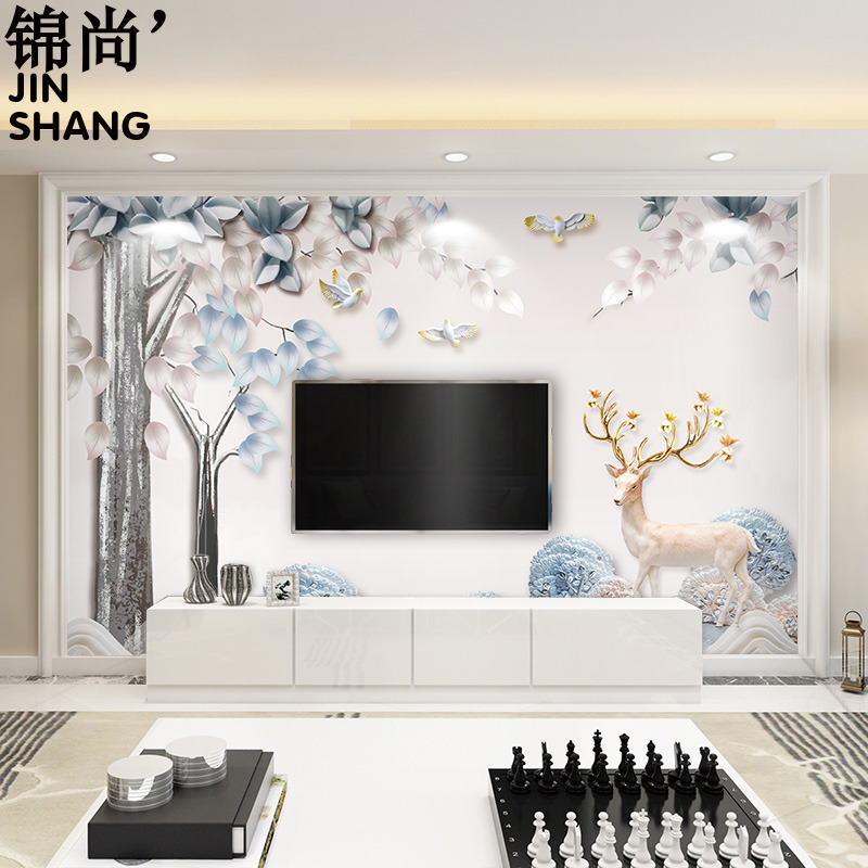 电视背景墙现代简约5d立体大气客厅装饰沙发壁画北欧麋鹿墙布壁纸图片