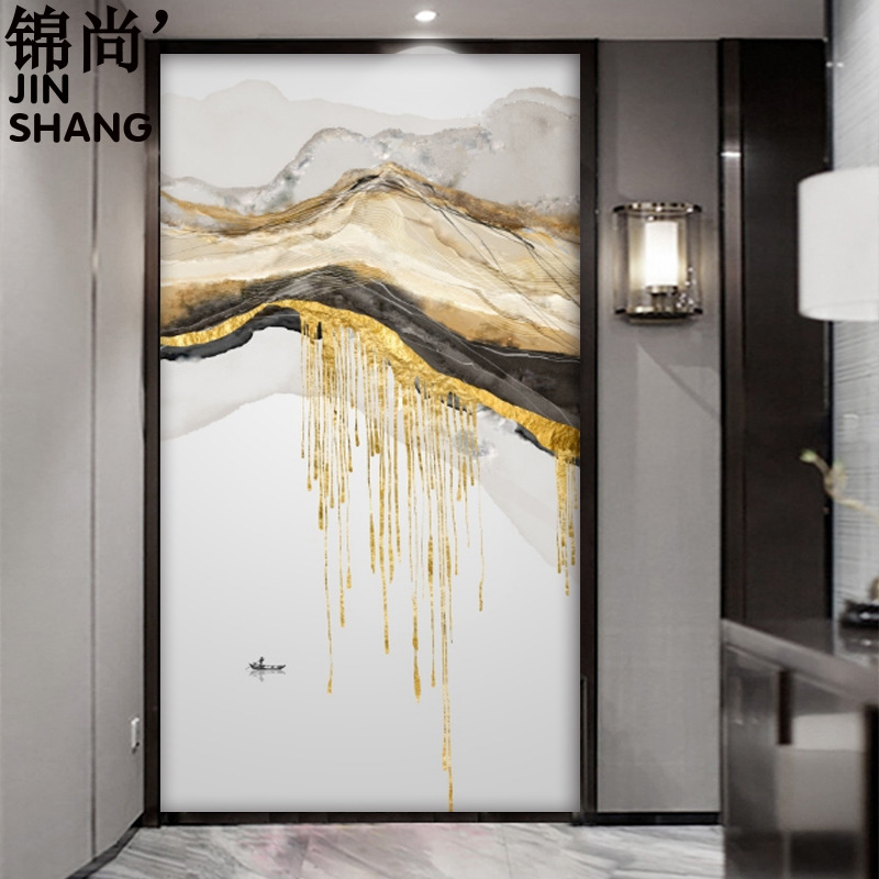 现代简约玄关背景墙壁纸壁画墙纸抽象山水进门墙过道艺术墙布3d