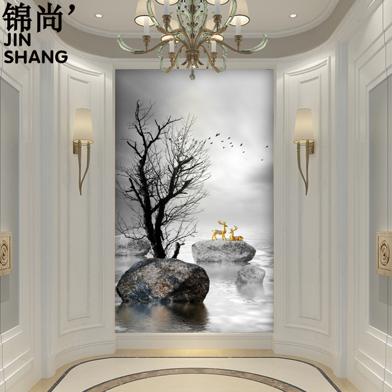 现代抽象玄关时来运转壁纸竖版背景墙纸壁画麋鹿过道走廊无缝墙布
