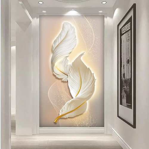 现代3D立体羽毛玄关壁纸壁画过道墙纸客厅背景墙简约装饰画8d墙布
