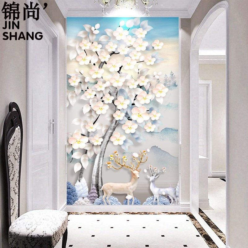 北欧3d立体发财树客厅走廊过道玄关壁纸背景墙纸竖版壁画麋鹿墙布