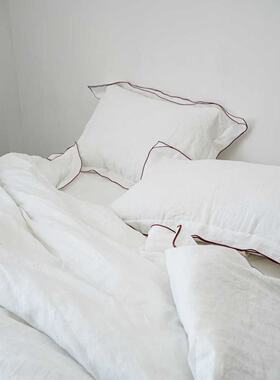 双层密拷边亚麻枕套 纯白色亚麻配红色密拷边内径48X74外径58X85