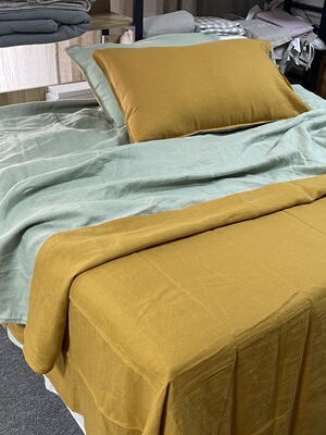 醉美 撞色款法国亚麻豆绿叶黄双拼四件套