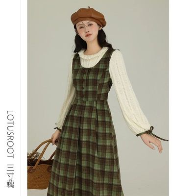 学院风假两件绿色格子连