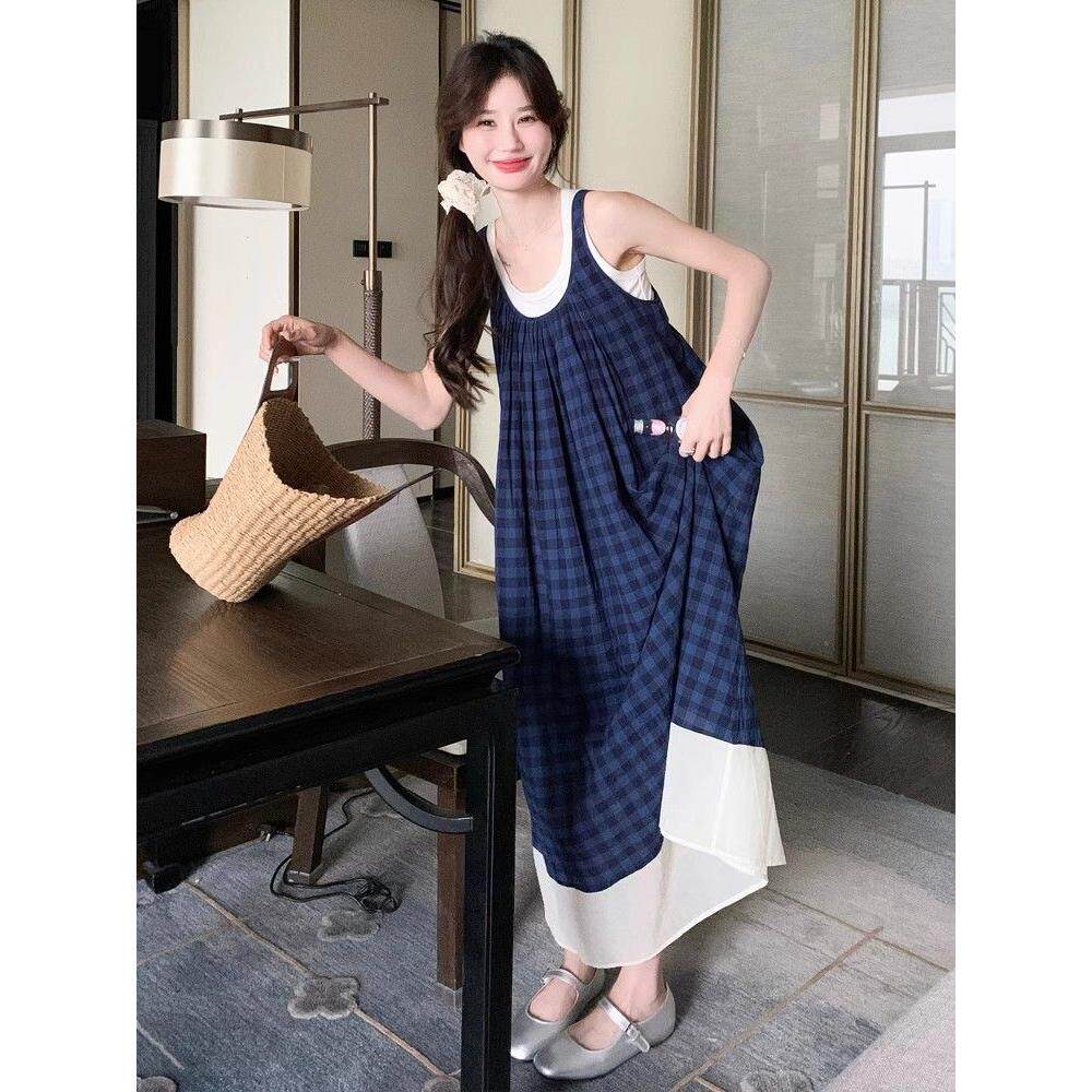 蓝色格子无袖连衣裙法式文艺风森系覆古小清新度假吊带背心长裙