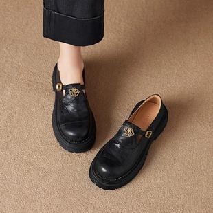 真皮英伦厚底乐福鞋秋季新款通勤山茶花小皮鞋女复古圆头增高单鞋