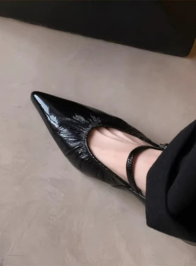 羊皮版法式尖头玛丽珍鞋女2025夏季新款黑色绝美小跟褶皱晚晚单鞋