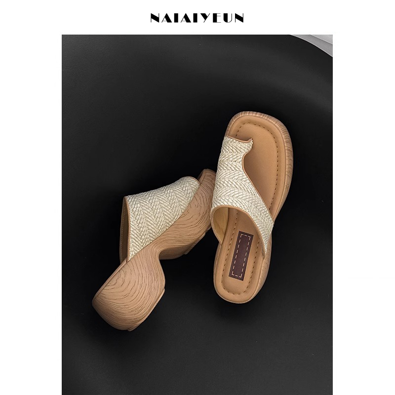 踩屎感绝美夹趾高跟拖鞋