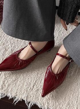 羊皮版复古欧美气质尖头玛丽珍鞋女夏真皮小跟褶皱一字带红色单鞋