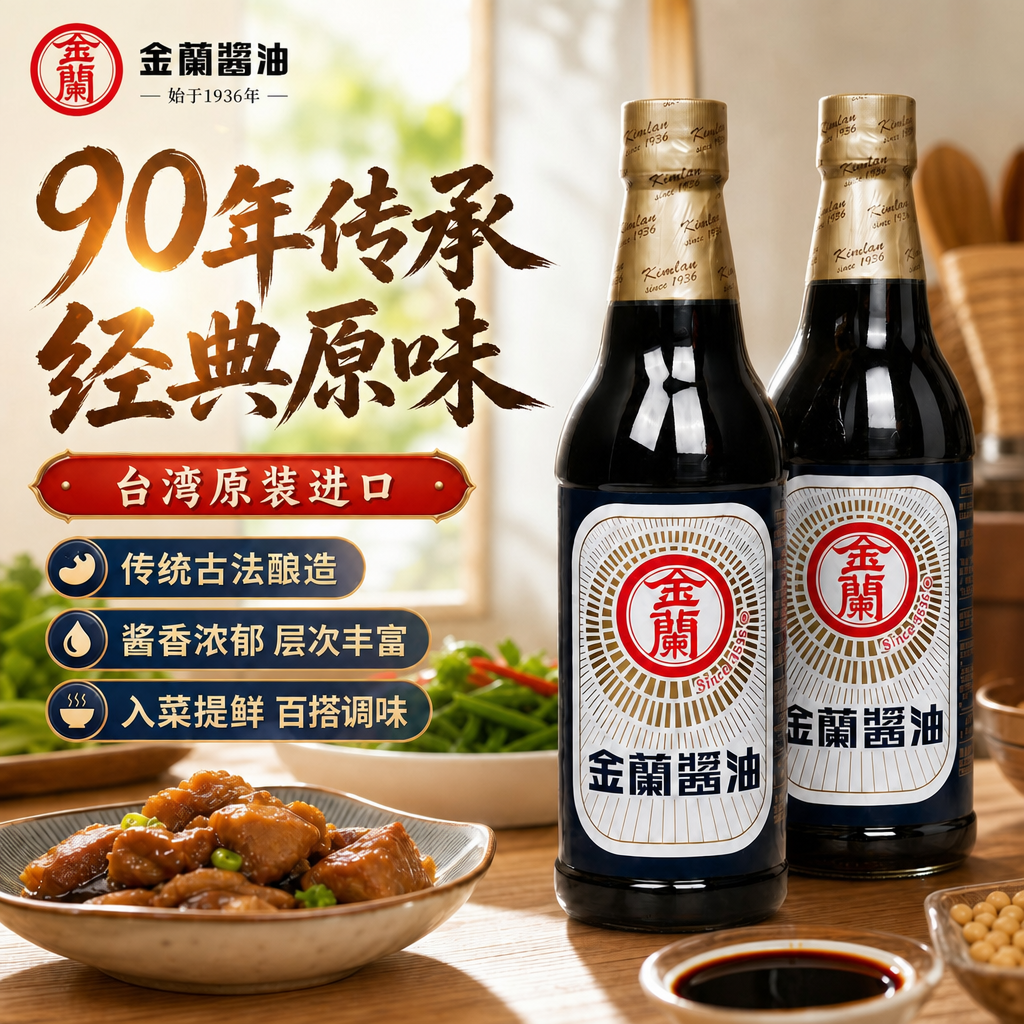 台湾进口金兰酱油1000ml纯酿造酱油卤肉饭酱油1L无0零添加防腐剂