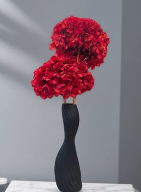 云南干花绣球永生花轻奢细高长款陶瓷花瓶黑色玄关柜摆件
