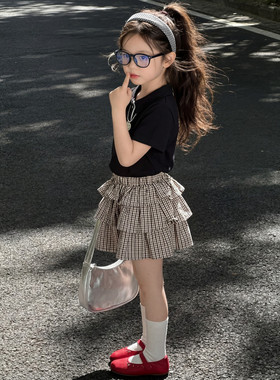 女童超好看炸街裙子夏季2026新款儿童不规则格子短裙女孩夏装套装