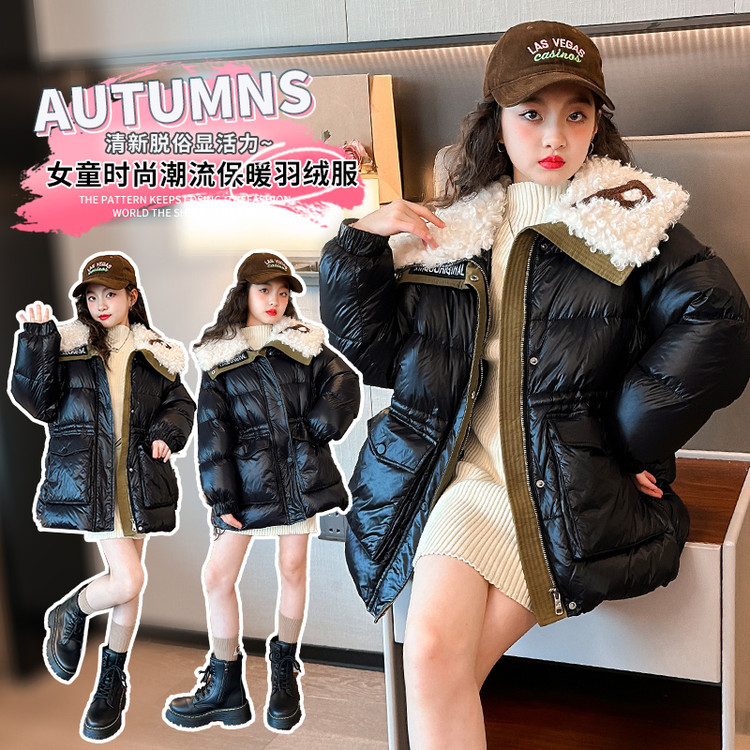 女中大童新款儿童羽绒服女童短款冬季加厚白鸭绒面包服外套户外潮