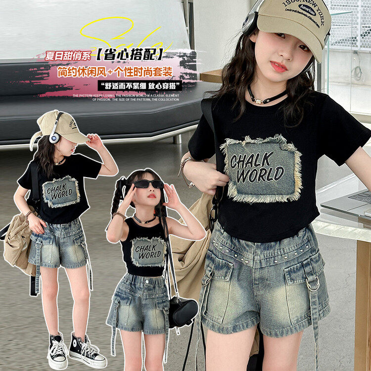 女童夏季牛仔短裤套装大儿童裤子夏装薄款9女孩五分裤短袖T恤黑色